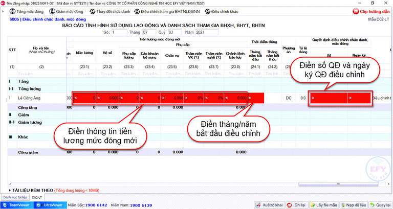 Hướng dẫn điều chỉnh mức đóng BHXH trên phần mềm EFY-eBHXH