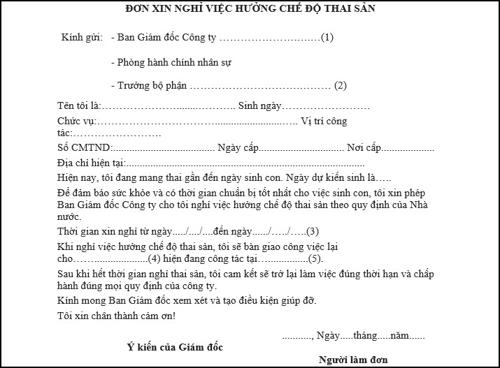 Mẫu đơn xin nghỉ thai sản theo quy định